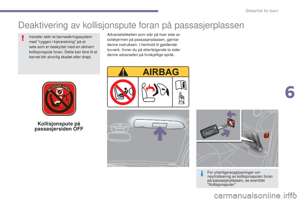 PEUGEOT 5008 2016  Instruksjoner for bruk (in Norwegian) 117
5008_no_Chap06_securite-enfants_ed01-2015
Kollisjonspute på 
passasjersiden  OFF
For ytterligereopplysninger om 
nøytralisering av kollisjonsputen foran 
på passasjerplassen, se avsnittet 
"