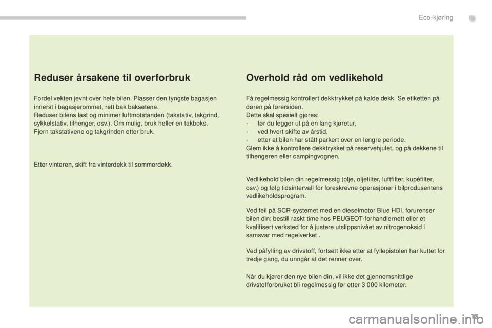 PEUGEOT 5008 2016  Instruksjoner for bruk (in Norwegian) 13
5008_no_Chap00c_eco-conduite_ed01-2015
Reduser årsakene til overforbruk
Fordel vekten jevnt over hele bilen. Plasser den tyngste bagasjen 
innerst i bagasjerommet, rett bak baksetene.
Reduser bile