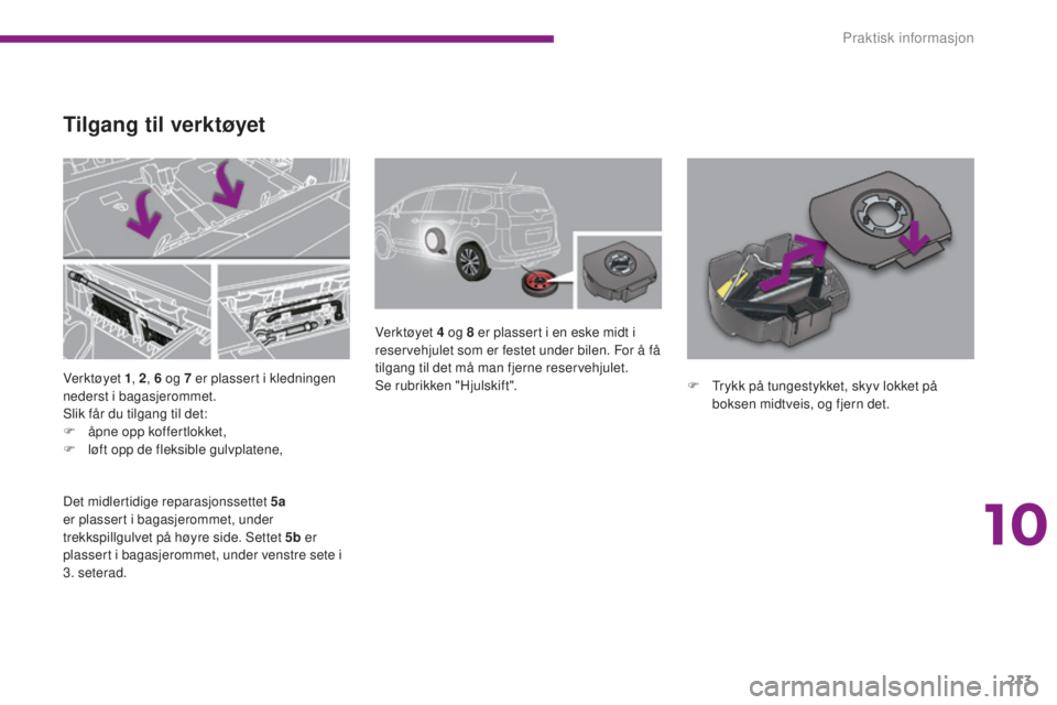PEUGEOT 5008 2016  Instruksjoner for bruk (in Norwegian) 213
5008_no_Chap10_infos-pratiques_ed01-2015
Verktøyet 1, 2, 6   og 7   er plassert i kledningen 
nederst i bagasjerommet.
Slik får du tilgang til det:
F
 
å
 pne opp koffertlokket,
F
 
l
 øft opp
