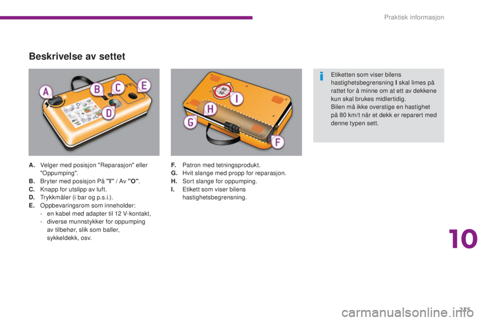 PEUGEOT 5008 2016  Instruksjoner for bruk (in Norwegian) 215
5008_no_Chap10_infos-pratiques_ed01-2015
Beskrivelse av settet
A. Velger med posisjon "Reparasjon" eller "Oppumping".
B.
 B

ryter med posisjon På "I"  / Av "O".
C