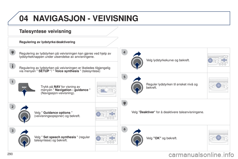 PEUGEOT 5008 2016  Instruksjoner for bruk (in Norwegian) 04
290
5008_no_Chap12b_RT6-2-8_ed01-2015
Trykk på N AV for visning av 
menyen " Navigation - guidance  " 
(Navigasjon-veivisning).
Talesyntese veivisning
Velg " Guidance options  " 
(