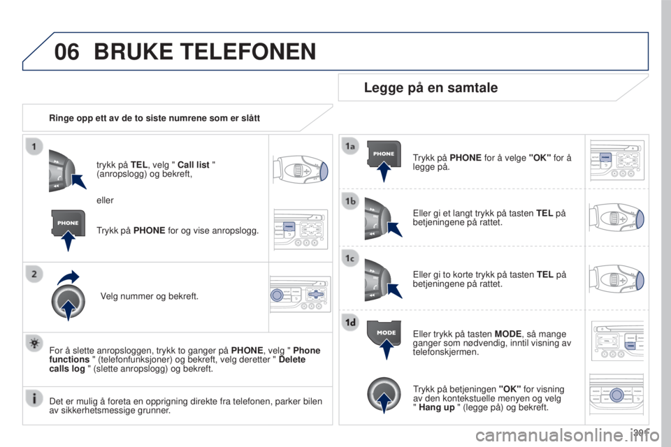 PEUGEOT 5008 2016  Instruksjoner for bruk (in Norwegian) 06
301
5008_no_Chap12b_RT6-2-8_ed01-2015
BRUKE TELEFONEN
Ringe opp ett av de to siste numrene som er slåtttrykk på TEL, velg " Call list " 
(anropslogg) og bekreft,
Velg nummer og bekreft.
F