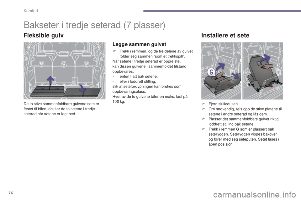 PEUGEOT 5008 2016  Instruksjoner for bruk (in Norwegian) 76
5008_no_Chap03_confort_ed01-2015
Bakseter i tredje seterad (7 plasser)
Fleksible gulv
De to stive sammenfoldbare gulvene som er 
festet til bilen, dekker de to setene i tredje 
seterad når setene 