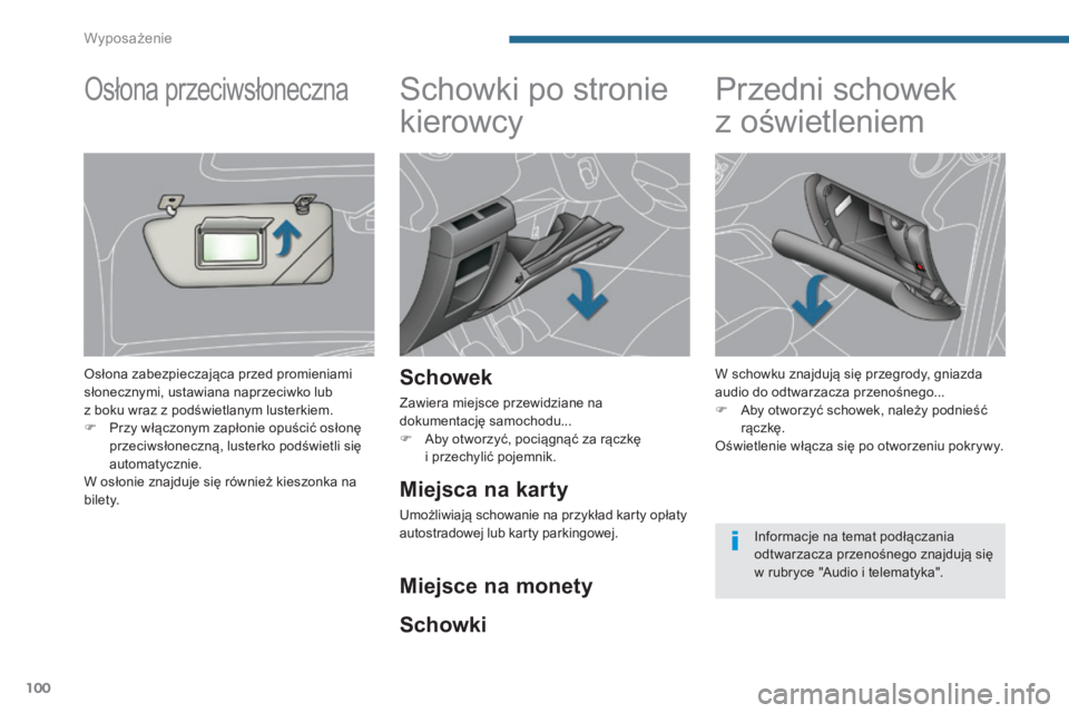 PEUGEOT 5008 2016  Instrukcja obsługi (in Polish) 100
5008_pl_Chap05_amenagements_ed01-2015
Schowki po stronie 
kierowcy
Schowek
Zawiera miejsce przewidziane na 
dokumentację samochodu...
F 
A
 by otworzyć, pociągnąć za rączkę  
i przechylić 