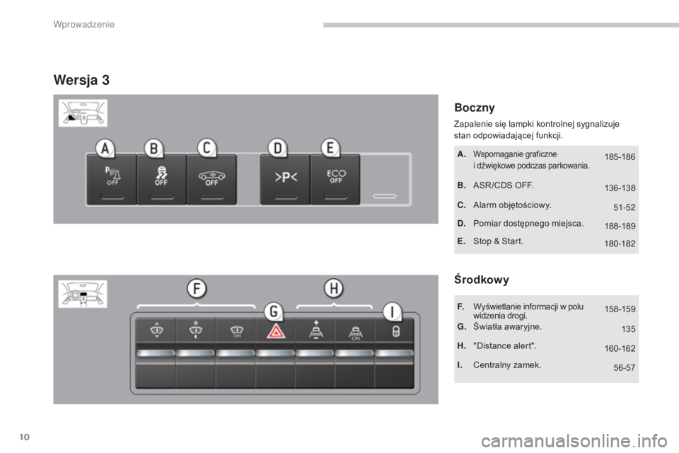 PEUGEOT 5008 2016  Instrukcja obsługi (in Polish) 10
5008_pl_Chap00b_vue-ensemble_ed01-2015
Wersja 3
Boczny
Środkowy
A. Wspomaganie graficzne  
i dźwiękowe podczas parkowania.
B. ASR /CDS OFF.
C.
 A

larm objętościowy.
D.
 P

omiar dostępnego m