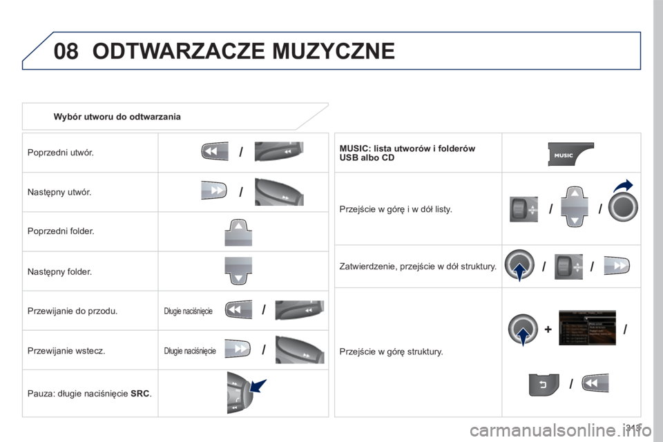 PEUGEOT 5008 2016  Instrukcja obsługi (in Polish) 08
/
// /
/ /
/
+
/
/
/
313
5008_pl_Chap12b_RT6-2-8_ed01-2015
Wybór utworu do odtwarzania
Poprzedni utwór.
Następny utwór.
Poprzedni folder.
Następny folder.
Przewijanie do przodu.
Przewijanie ws