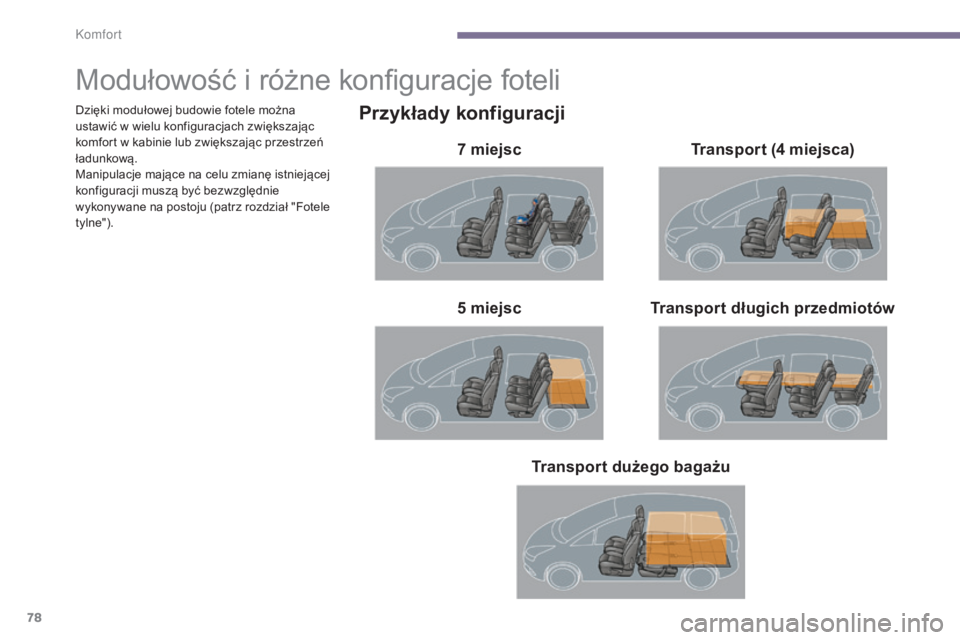 PEUGEOT 5008 2016  Instrukcja obsługi (in Polish) 78
5008_pl_Chap03_confort_ed01-2015
Modułowość i różne konfiguracje foteli
Przykłady konfiguracji
7 miejscT ransport długich przedmiotów
5
  miejsc Transport (4
  miejsca)
Transport dużego ba