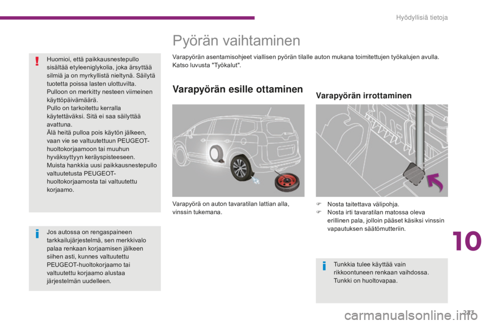 PEUGEOT 5008 2016 Omistajan Käsikirja (in Finnish) 223
5008_fi_Chap10_infos-pratiques_ed01-2015
Varapyörän esille ottaminen
Varapyörä on auton tavaratilan lattian alla,
vinssin tukemana.F
N osta taitettava välipohja.
F
N
osta irti tavaratila PEUGEOT 5008 2016 Omistajan Käsikirja (in Finnish) 223
5008_fi_Chap10_infos-pratiques_ed01-2015
Varapyörän esille ottaminen
Varapyörä on auton tavaratilan lattian alla,
vinssin tukemana.F
N osta taitettava välipohja.
F
N
osta irti tavaratila