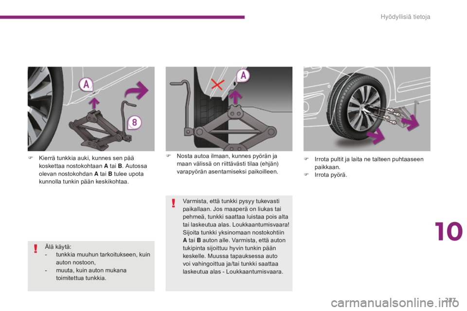 PEUGEOT 5008 2016  Omistajan Käsikirja (in Finnish) 227
5008_fi_Chap10_infos-pratiques_ed01-2015
Älä käytä:
- t unkkia muuhun tarkoitukseen, kuin 
auton nostoon,
-
 
m
 uuta, kuin auton mukana 
toimitettua tunkkia.
F
 
K

ierrä tunkkia auki, kunne