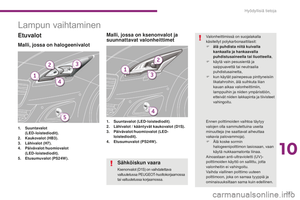 PEUGEOT 5008 2016 Omistajan Käsikirja (in Finnish) 231
5008_fi_Chap10_infos-pratiques_ed01-2015
Lampun vaihtaminen
Malli, jossa on halogeenivalot
1. Suuntavalot
( LED-loistediodit).
2.
Ka
ukovalot (HB3 ).
3.
L
ähivalot (H7).
4.
P
äivävalo PEUGEOT 5008 2016 Omistajan Käsikirja (in Finnish) 231
5008_fi_Chap10_infos-pratiques_ed01-2015
Lampun vaihtaminen
Malli, jossa on halogeenivalot
1. Suuntavalot
( LED-loistediodit).
2.
Ka
ukovalot (HB3 ).
3.
L
ähivalot (H7).
4.
P
äivävalo