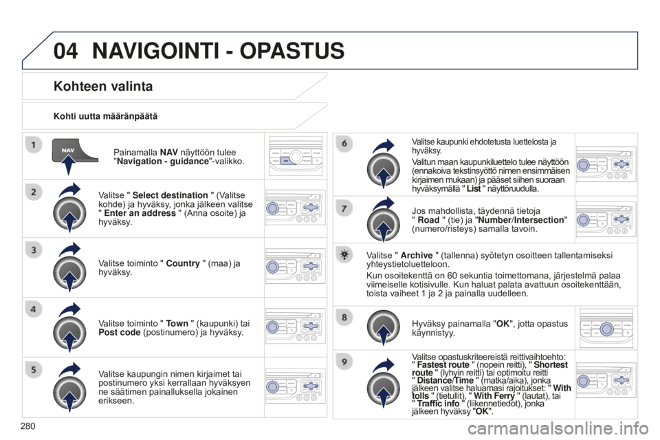 PEUGEOT 5008 2016  Omistajan Käsikirja (in Finnish) 04
280
5008_fi_Chap12b_RT6-2-8_ed01-2015
Painamalla N AV näyttöön tulee  
"Navigation - guidance "-valikko.
Kohti uutta määränpäätä
Kohteen valinta
Valitse " Select destination &#