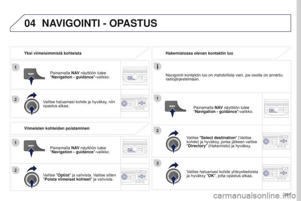 PEUGEOT 5008 2016  Omistajan Käsikirja (in Finnish) 04
281
5008_fi_Chap12b_RT6-2-8_ed01-2015
Yksi viimeisimmistä kohteistaPainamalla N AV näyttöön tulee  
"Navigation - guidance "-valikko.
Valitse haluamasi kohde ja hyväksy, niin 
opastus 