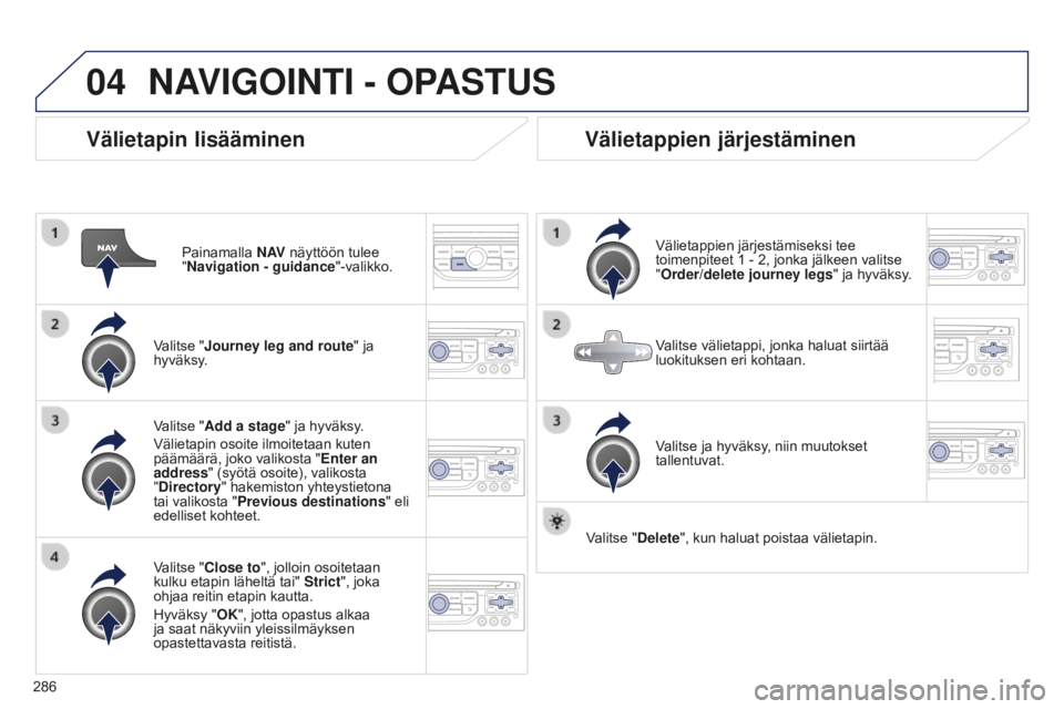 PEUGEOT 5008 2016  Omistajan Käsikirja (in Finnish) 04
286
5008_fi_Chap12b_RT6-2-8_ed01-2015
Välietapin lisääminen
Painamalla N AV näyttöön tulee  
"Navigation - guidance "-valikko.
Valitse "Journey leg and route " ja 
hyväksy.
V