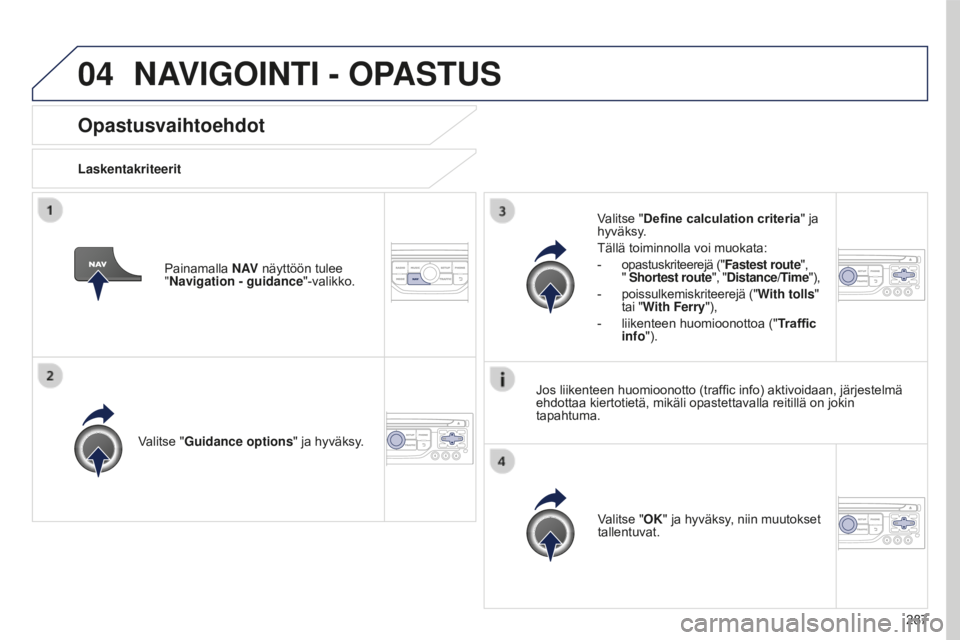PEUGEOT 5008 2016  Omistajan Käsikirja (in Finnish) 04
287
5008_fi_Chap12b_RT6-2-8_ed01-2015
Opastusvaihtoehdot
LaskentakriteeritValitse "Guidance options " ja hyväksy.
Valitse "OK" ja hyväksy, niin muutokset 
tallentuvat.
Valitse 