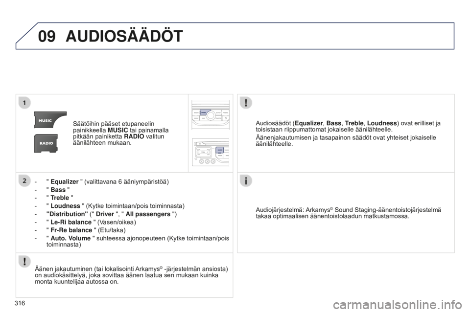 PEUGEOT 5008 2016  Omistajan Käsikirja (in Finnish) 09
316
5008_fi_Chap12b_RT6-2-8_ed01-2015
AUDIOSÄÄDÖT
Säätöihin pääset etupaneelin 
painikkeella MUSIC tai painamalla 
pitkään painiketta  RADIO valitun 
äänilähteen mukaan.
-
 
" 

Eq
