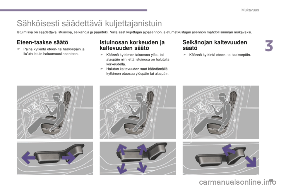 PEUGEOT 5008 2016  Omistajan Käsikirja (in Finnish) 69
5008_fi_Chap03_confort_ed01-2015
Sähköisesti säädettävä kuljettajanistuin
Eteen-taakse säätö
F Paina kytkintä eteen- tai taaksepäin ja liu'uta istuin haluamaasi asentoon.
Istuinosan 
