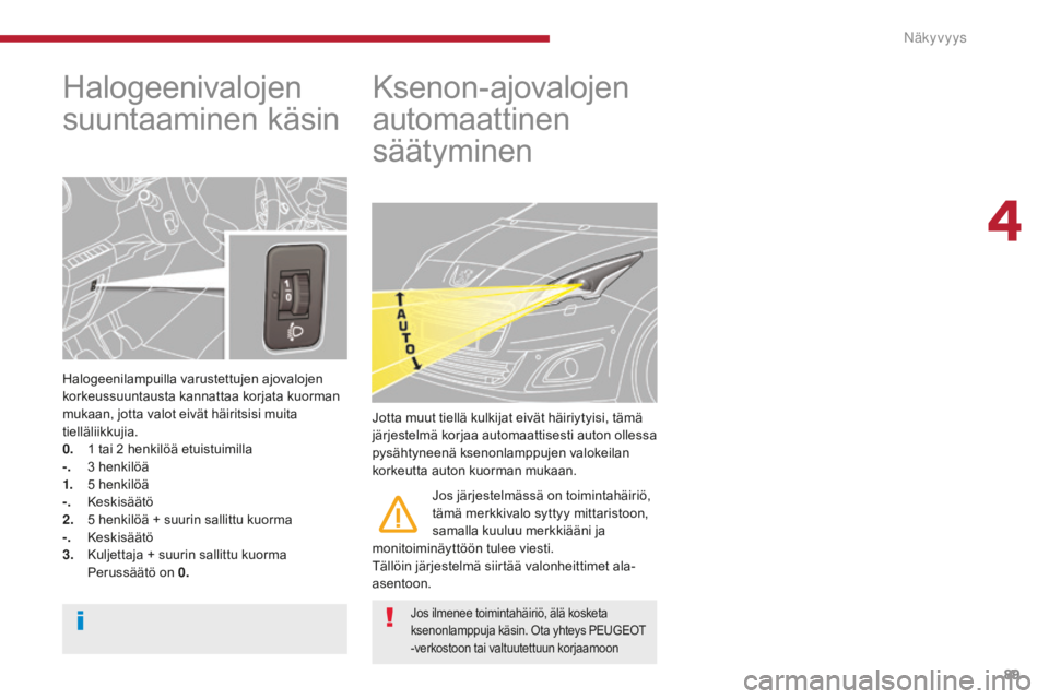 PEUGEOT 5008 2016  Omistajan Käsikirja (in Finnish) 89
5008_fi_Chap04_visibilite_ed01-2015
Halogeenivalojen 
suuntaaminen käsin
Halogeenilampuilla varustettujen ajovalojen 
korkeussuuntausta kannattaa korjata kuorman 
mukaan, jotta valot eivät häiri