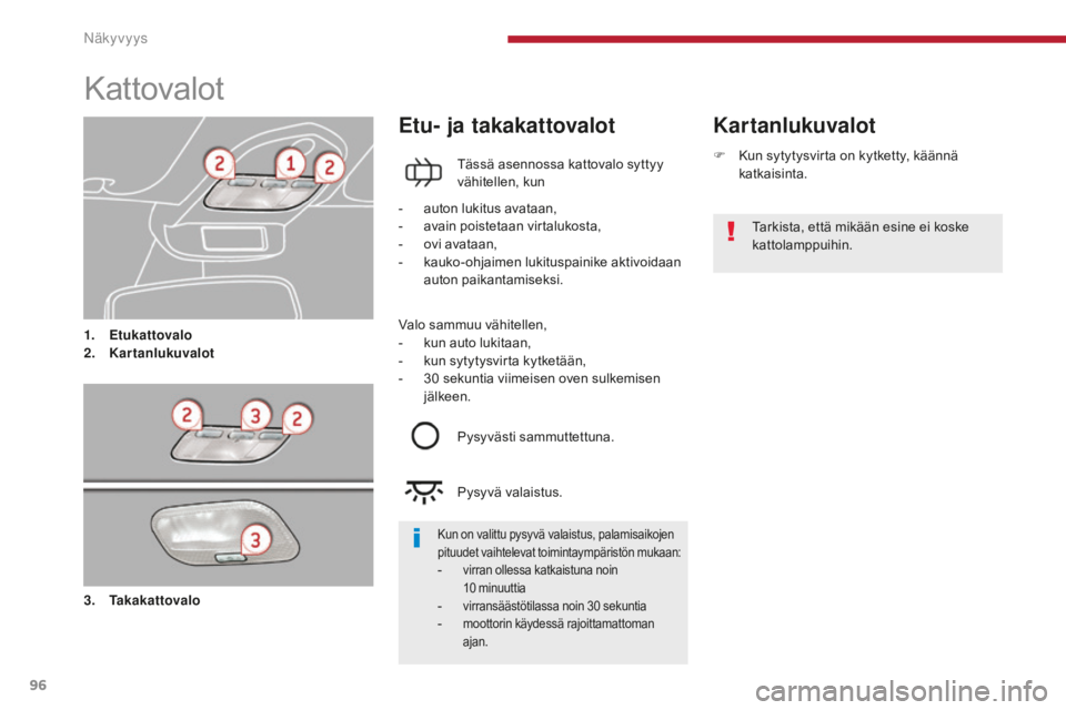 PEUGEOT 5008 2016  Omistajan Käsikirja (in Finnish) 96
5008_fi_Chap04_visibilite_ed01-2015
Kattovalot
1. Etukattovalo
2. Kartanlukuvalot
Kartanlukuvalot
Etu- ja takakattovalot
Tässä asennossa kattovalo syttyy 
vähitellen, kun
-
 
a

uton lukitus ava