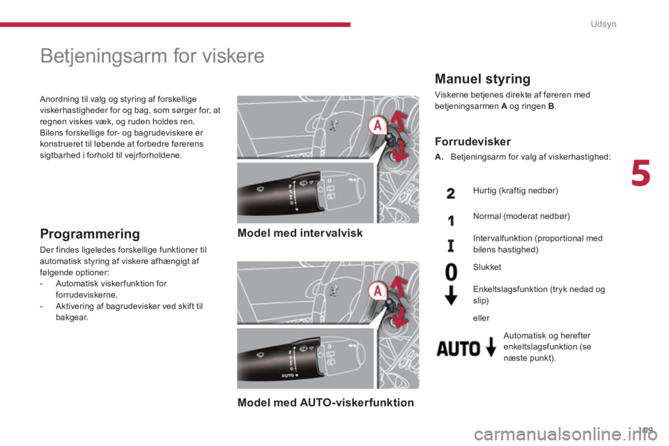 PEUGEOT 5008 2014  Brugsanvisning (in Danish) 5
Udsyn
109
   
 
 
 
 
 
 
 
Betjeningsarm for viskere 
 
 
 
Model med intervalvisk  
 
   
 
Model med AUTO-viskerfunktion  
  
 
Programmering 
 
Der findes ligeledes forskellige funktioner til 
a