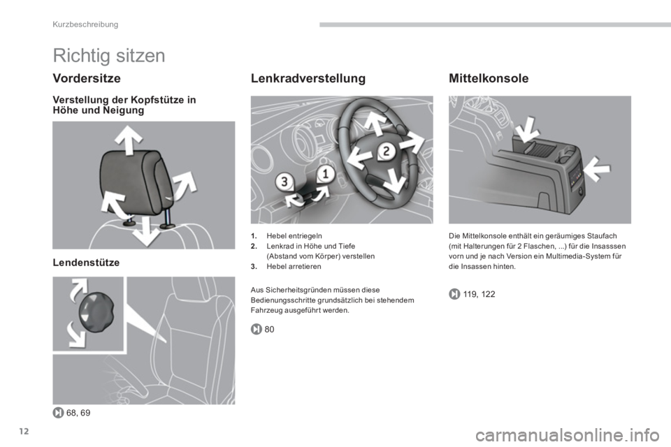 PEUGEOT 5008 2014  Betriebsanleitungen (in German) 68, 69
80
119, 122
Kurzbeschreibung
12
  Richtig sitzen 
 
 
Vord er si t ze 
 
 
Verstellung der Kopfstütze in 
Höhe und Neigung  
   
Lendenstütze  
 
 
 
Lenkradverstellung 
 
 
 
1. 
 Hebel ent