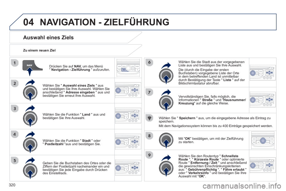 PEUGEOT 5008 2014  Betriebsanleitungen (in German) 320
04
   
Drücken Sie auf  NAV, 
 um das Menü 
"  Navigation - Zielführung 
 " aufzurufen.      
Zu einem neuen Ziel  
 
 
 
 
 
 
 
 
 
 
 
 
 
Auswahl eines Ziels 
 
 
Wählen Sie "  Auswahl ein