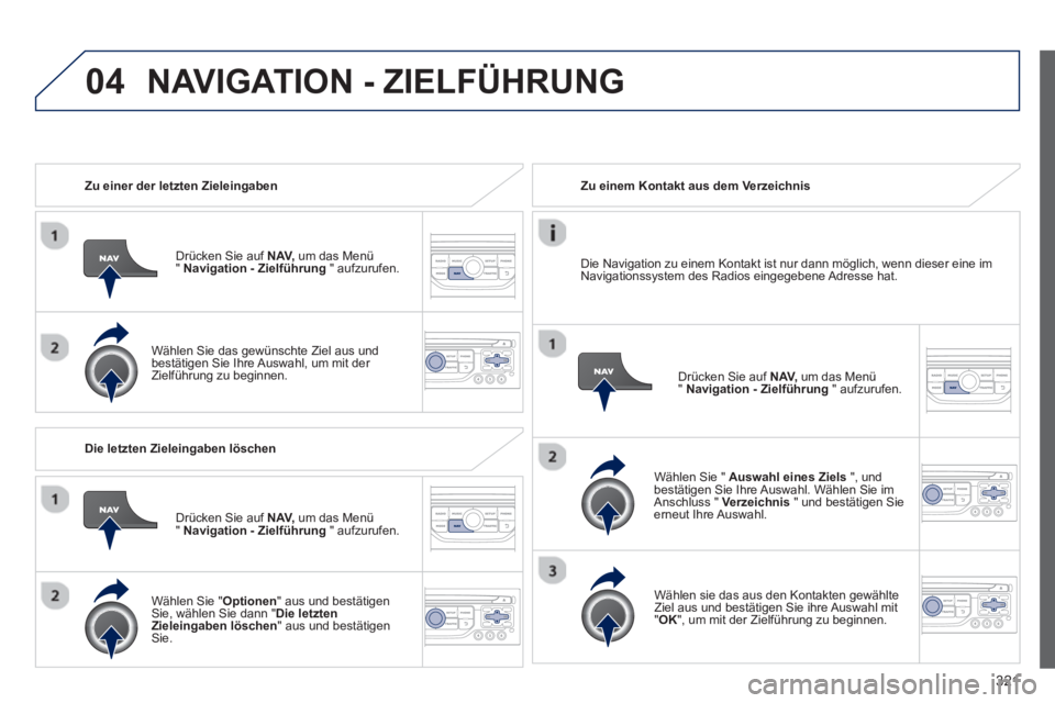 PEUGEOT 5008 2014  Betriebsanleitungen (in German) 321
04
   
 
Zu einer der letzten Zieleingaben  
   
Drücken Sie auf  NAV, 
 um das Menü 
"  Navigation - Zielführung 
 " aufzurufen.  
   
Wählen Sie das gewünschte Ziel aus und 
bestätigen Sie
