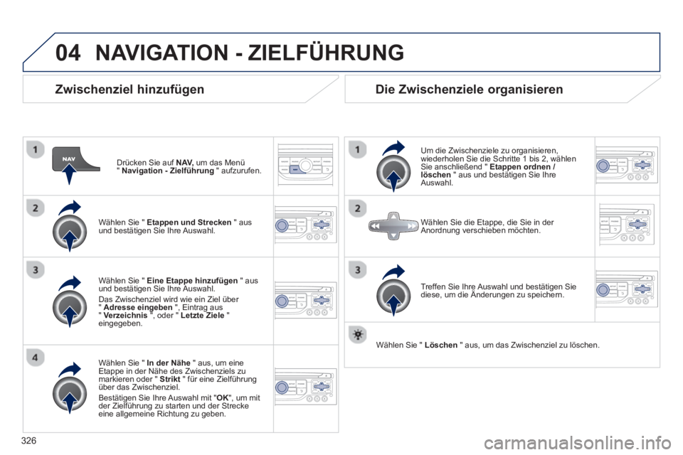 PEUGEOT 5008 2014  Betriebsanleitungen (in German) 326
04
   
Zwischenziel hinzufügen 
 
 
Drücken Sie auf  NAV, 
 um das Menü 
"  Navigation - Zielführung 
 " aufzurufen.  
   
Wählen Sie "  Etappen und Strecken 
 " aus 
und bestätigen Sie Ihre
