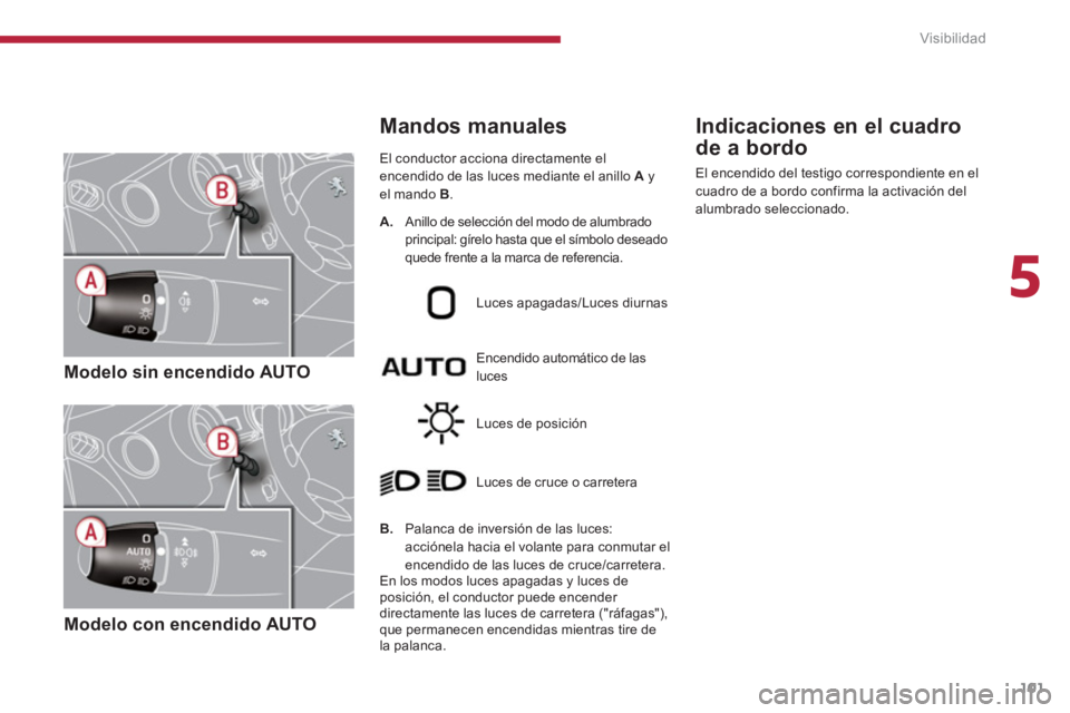 PEUGEOT 5008 2014  Manual del propietario (in Spanish) 5
Visibilidad
101
   
 
Modelo sin encendido AUTO  
 
   
 
Modelo con encendido AUTO  
 
 
El conductor acciona directamente el 
encendido de las luces mediante el anillo  A 
 y 
el mando  B 
. 
   
