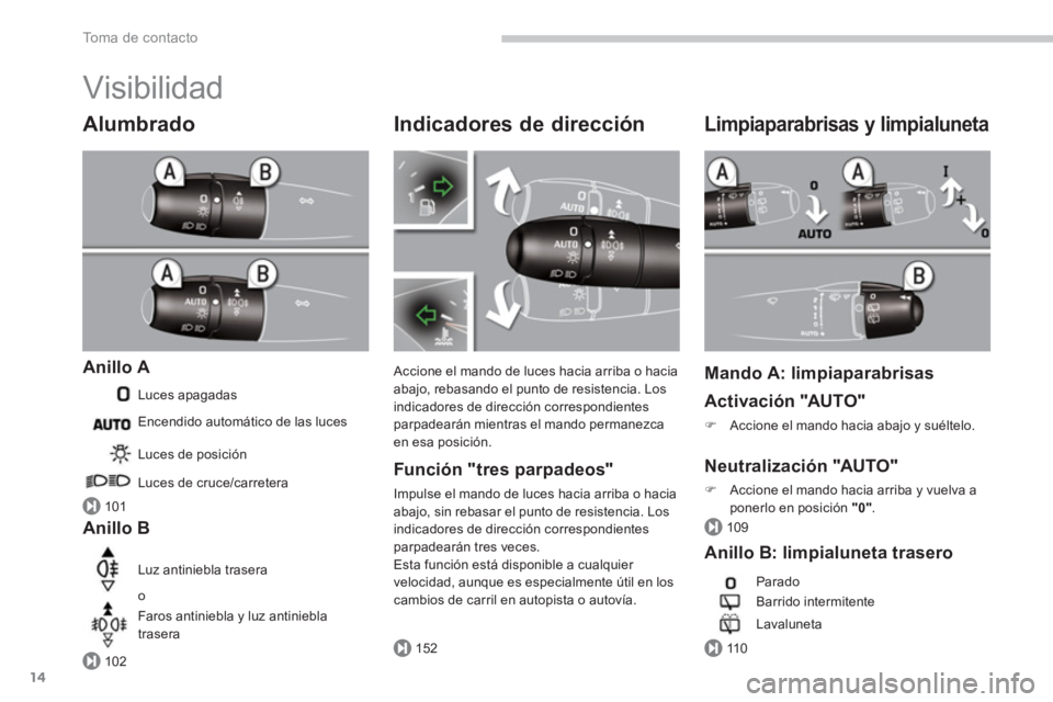 PEUGEOT 5008 2014 Manual del propietario (in Spanish) 101
102152
109
11 0
To m a d e c o n t a c t o
14
Visibilidad
Alumbrado
Anillo A
Luces apagadas
Anillo B
Luces de posición
Luces de cruce/carretera
Luz antiniebla tras PEUGEOT 5008 2014 Manual del propietario (in Spanish) 101
102152
109
11 0
To m a d e c o n t a c t o
14
Visibilidad
Alumbrado
Anillo A
Luces apagadas
Anillo B
Luces de posición
Luces de cruce/carretera
Luz antiniebla tras