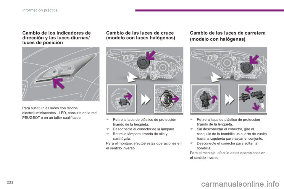 PEUGEOT 5008 2014  Manual del propietario (in Spanish) Información práctica
232
   
 
 
 
 
 
Cambio de las luces de carretera  
(modelo con halógenas )    
 
 
 
 
 
 
 
 
Cambio de las luces de cruce 
(modelo con luces halógenas) 
   
 
�) 
  Retire