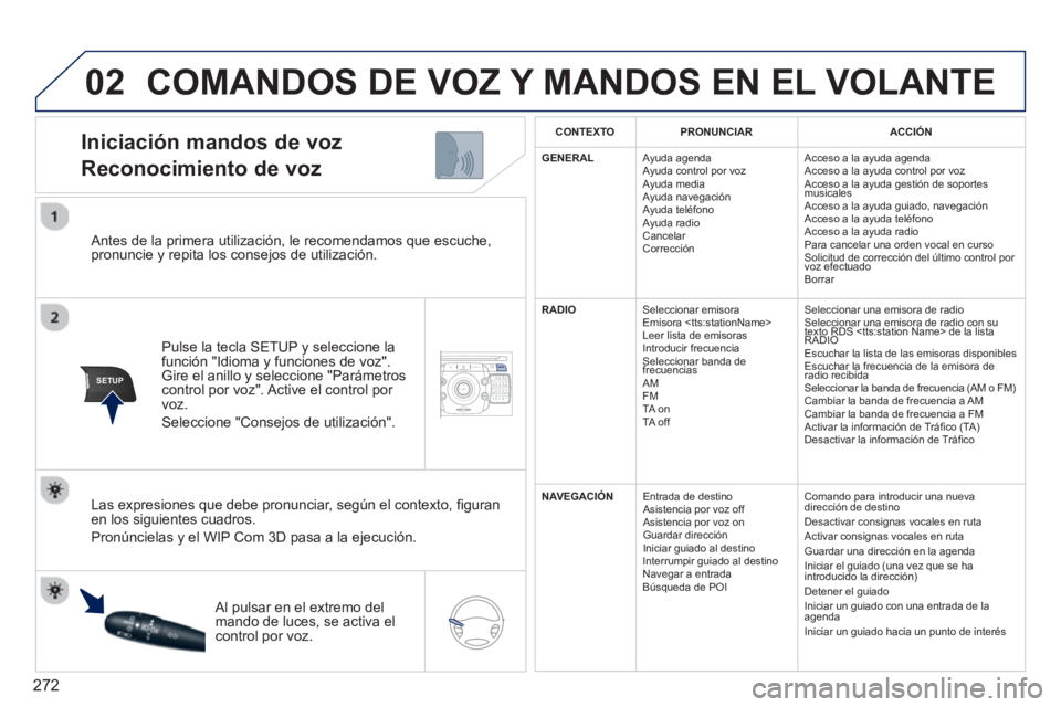 PEUGEOT 5008 2014 Manual del propietario (in Spanish) 272
02
SETUP2ABC3DEF5JKL4GHI6MNO8TUV7PQRS9WXYZ0*#
1NAV TRAFFICADDR
BOOKSETUP
Antes de la primera utilización, le recomendamos que escuche,
pronuncie y repita los consejos de utilización.
PEUGEOT 5008 2014 Manual del propietario (in Spanish) 272
02
SETUP2ABC3DEF5JKL4GHI6MNO8TUV7PQRS9WXYZ0*#
1NAV TRAFFICADDR
BOOKSETUP
Antes de la primera utilización, le recomendamos que escuche,
pronuncie y repita los consejos de utilización.