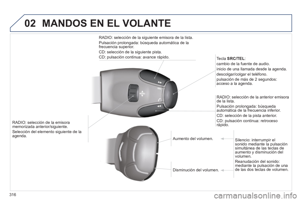 PEUGEOT 5008 2014  Manual del propietario (in Spanish) 316
02
   
 
RADIO: selección de la emisora 
memorizada anterior/siguiente. 
  Selección del elemento siguiente de la 
agenda.     
Tecla  SRC/TEL 
: 
  cambio de la fuente de audio. 
  inicio de un