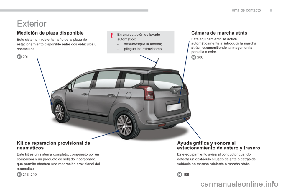 PEUGEOT 5008 2014  Manual del propietario (in Spanish) .
201
213, 219198
200
To m a  d e  c o n t a c t o
5
  Exterior  
 
 
Ayuda gráﬁ ca y sonora al 
estacionamiento delantero y trasero 
  Este equipamiento avisa al conductor cuando 
detecta un obst