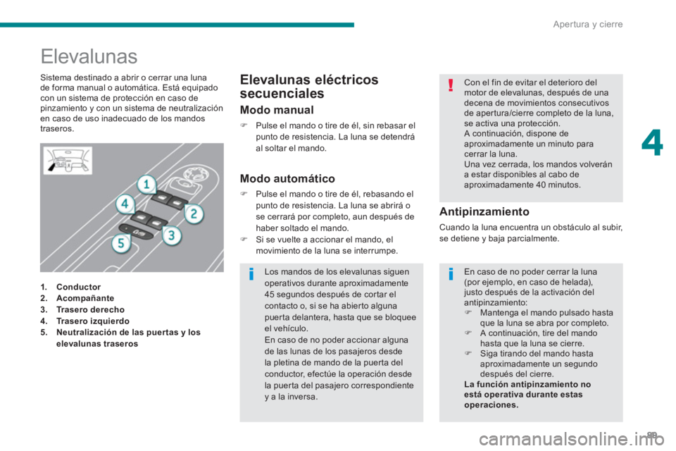 PEUGEOT 5008 2014  Manual del propietario (in Spanish) 4
Apertura y cierre
89
   
 
 
 
 
 
 
 
 
 
 
 
 
 
 
 
 
Elevalunas  
 
 
 
 
1. 
  Conductor 
 
   
2. 
  Acompañante 
 
   
3. 
  Trasero derecho 
 
   
4. 
  Trasero izquierdo 
 
   
5. 
  Neutr