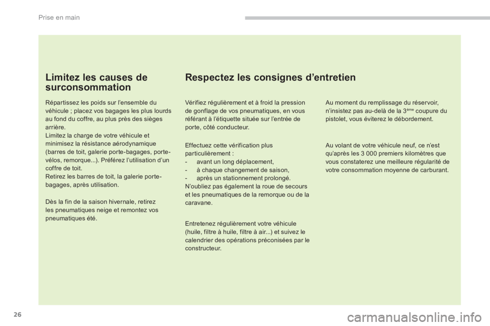 PEUGEOT 5008 2014 Manuel du propriétaire (in French) Prise en main
26
Limitez les causes de
surconsommation
Répartissez les poids sur l’ensemble du
véhicule ; placez vos bagages les plus lourds
au fond du coffre, au plus près des siège PEUGEOT 5008 2014 Manuel du propriétaire (in French) Prise en main
26
Limitez les causes de
surconsommation
Répartissez les poids sur l’ensemble du
véhicule ; placez vos bagages les plus lourds
au fond du coffre, au plus près des siège