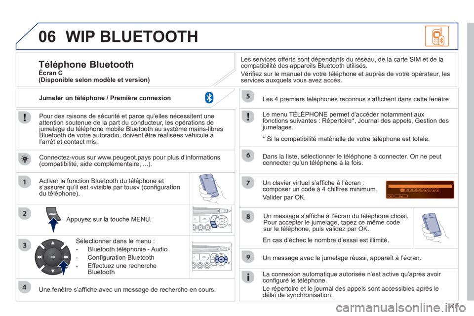 PEUGEOT 5008 2014  Manuel du propriétaire (in French) 377
06  WIP BLUETOOTH 
 
 
Pour des raisons de sécurité et parce qu’elles nécessitent une 
attention soutenue de la part du conducteur, les opérations de 
jumelage du téléphone mobile Bluetoot