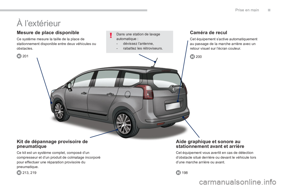 PEUGEOT 5008 2014  Manuel du propriétaire (in French) .
201
213, 219198
200
Prise en main
5
  À l’extérieur  
 
 
Aide graphique et sonore au 
stationnement avant et arrière 
  Cet équipement vous avertit en cas de détection 
d’obstacle situé d