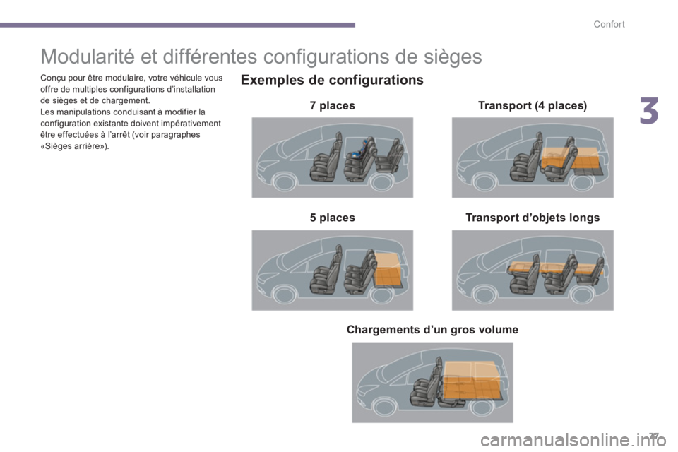 PEUGEOT 5008 2014  Manuel du propriétaire (in French) 3
Confort
77
   
 
 
 
 
 
 
 
 
 
 
 
 
 
Modularité et différentes conﬁ gurations de sièges 
 
 
Exemples de configurations 
 
 
7 places  
   
Transport d’objets longs    
 
5 places     
Tr