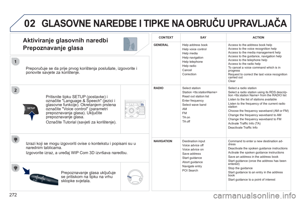 PEUGEOT 5008 2014  Upute Za Rukovanje (in Croatian) 272
02
SETUP2ABC3DEF5JKL4GHI6MNO8TUV7PQRS9WXYZ0*#
1NAV TRAFFICADDR
BOOKSETUP
   
Preporučuje se da prije prvog korištenja poslušate, izgovorite i 
ponovite savjete za korištenje.  
   
Pritisnite 