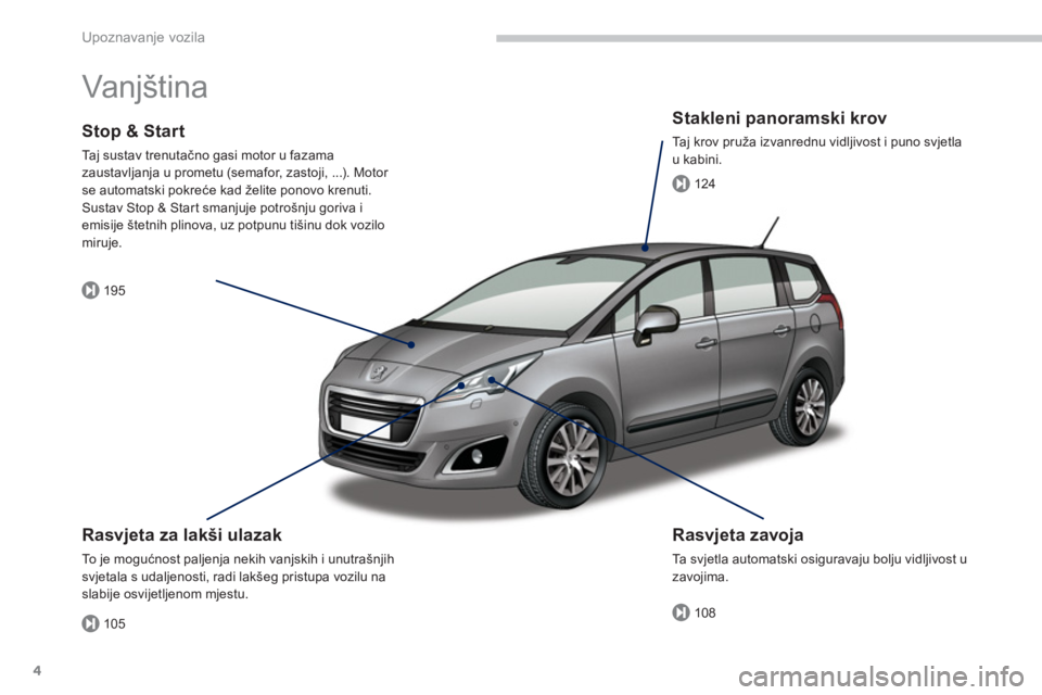 PEUGEOT 5008 2014  Upute Za Rukovanje (in Croatian) 105
195
108
124
Upoznavanje vozila
4
  Vanjština   
 
 
Rasvjeta za lakši ulazak 
 
To  j e  m o g ućnost paljenja nekih vanjskih i unutrašnjih 
svjetala s udaljenosti, radi lakšeg pristupa vozil