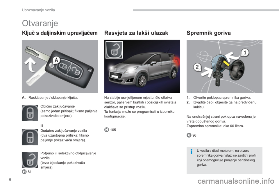 PEUGEOT 5008 2014  Upute Za Rukovanje (in Croatian) 81
105
96
Upoznavanje vozila
6
  Otvaranje 
 
 
Ključ s daljinskim upravljačem 
 
 
 
A. 
  Rasklapanje / sklapanje ključa.  
  Obično zaključavanje  
(samo jedan pritisak; fiksno paljenje 
pokaz