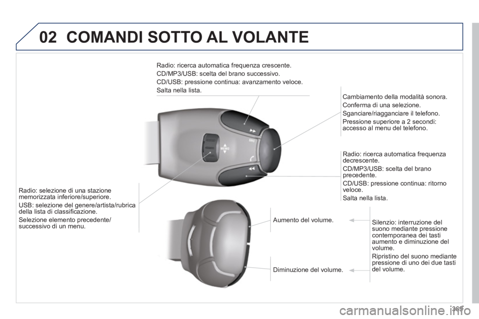PEUGEOT 5008 2014  Manuale duso (in Italian) 369
02  COMANDI SOTTO AL VOLANTE 
 
 
Radio: ricerca automatica frequenza crescente. 
  CD/MP3/USB: scelta del brano successivo. 
  CD/USB: pressione continua: avanzamento veloce. 
  Salta nella lista