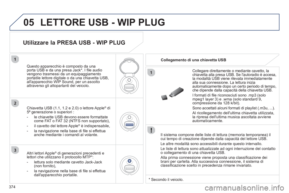 PEUGEOT 5008 2014  Manuale duso (in Italian) 374
05  LETTORE USB - WIP PLUG 
 
 
Il sistema compone delle liste di lettura (memoria temporanea) il 
cui tempo di creazione dipende dalla capacità del lettore USB. 
  Le altre modalità sono access