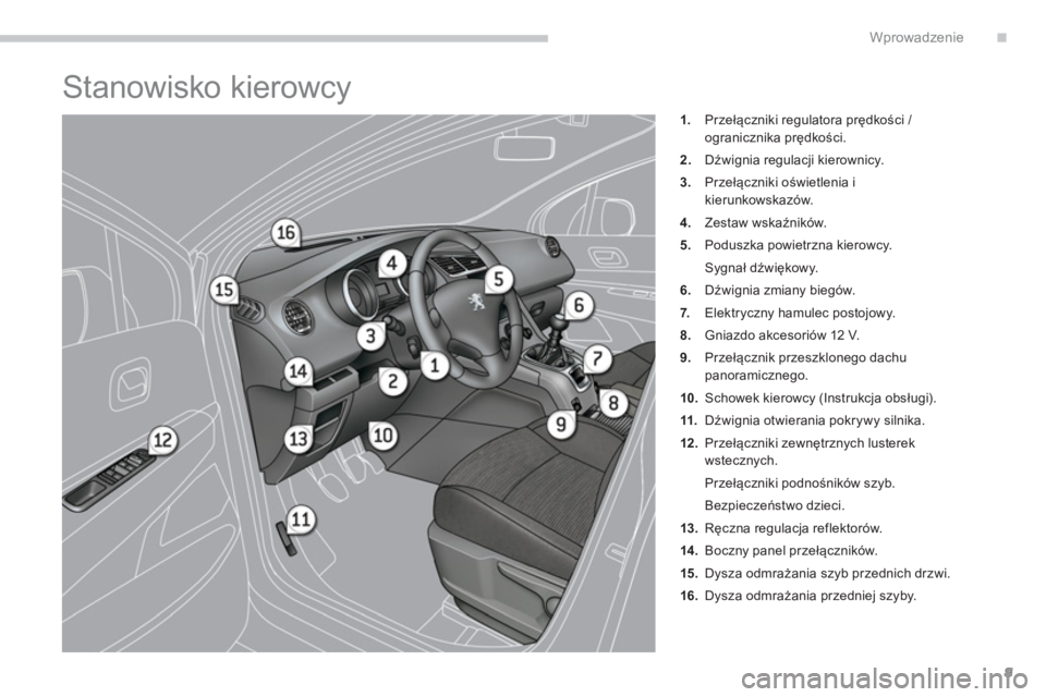 PEUGEOT 5008 2014  Instrukcja obsługi (in Polish) .Wprowadzenie
9
  Stanowisko kierowcy 
 
 
 
 
1. 
 Przełączniki regulatora prędkości /
ogranicznika prędkości. 
   
2. 
 Dźwignia regulacji kierownicy. 
   
3. 
 Przełączniki oświetlenia i 