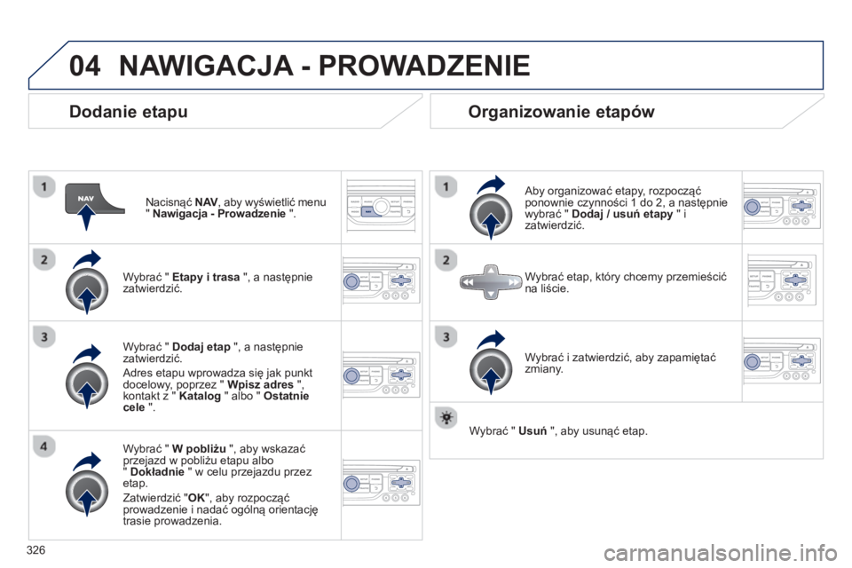 PEUGEOT 5008 2014  Instrukcja obsługi (in Polish) 326
04
   
Dodanie etapu 
 
 
Nacisnąć  NAV 
, aby wyświetlić menu 
"  Nawigacja - Prowadzenie 
 ".  
   
Wybrać "  Etapy i trasa 
 ", a następnie 
zatwierdzić.  
   
Wybrać "  W pobliżu 
 ",