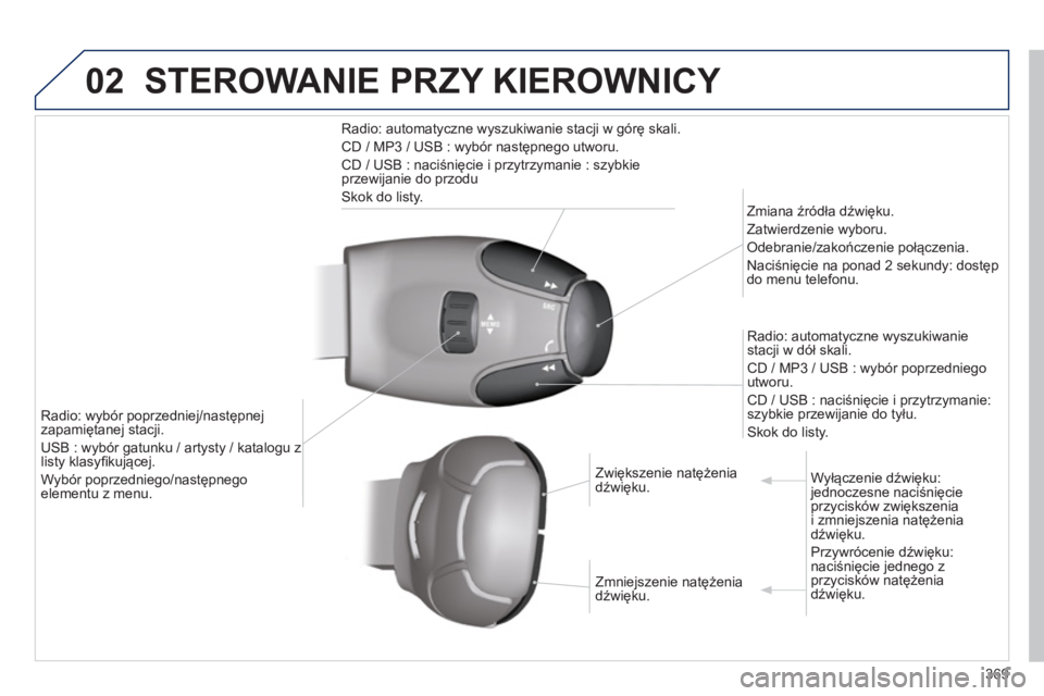 PEUGEOT 5008 2014  Instrukcja obsługi (in Polish) 369
02  STEROWANIE PRZY KIEROWNICY 
 
 
Radio: automatyczne wyszukiwanie stacji w górę skali. 
  CD / MP3 / USB : wybór następnego utworu. 
  CD / USB : naciśnięcie i przytrzymanie : szybkie 
pr