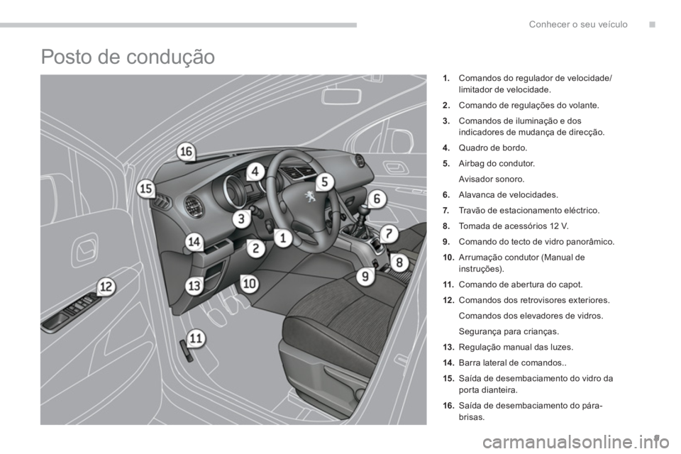 PEUGEOT 5008 2014  Manual de utilização (in Portuguese) .Conhecer o seu veículo
9
  Posto de condução 
 
 
 
 
1. 
  Comandos do regulador de velocidade/
limitador de velocidade. 
   
2. 
  Comando de regulações do volante. 
   
3. 
  Comandos de ilum
