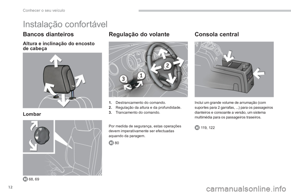 PEUGEOT 5008 2014  Manual de utilização (in Portuguese) 68, 69
80
119, 122
Conhecer o seu veículo
12
  Instalação confortável 
 
 
Bancos dianteiros 
 
 
Altura e inclinação do encosto 
de cabeça  
   
Lombar  
 
 
 
Regulação do volante 
 
 
 
1.