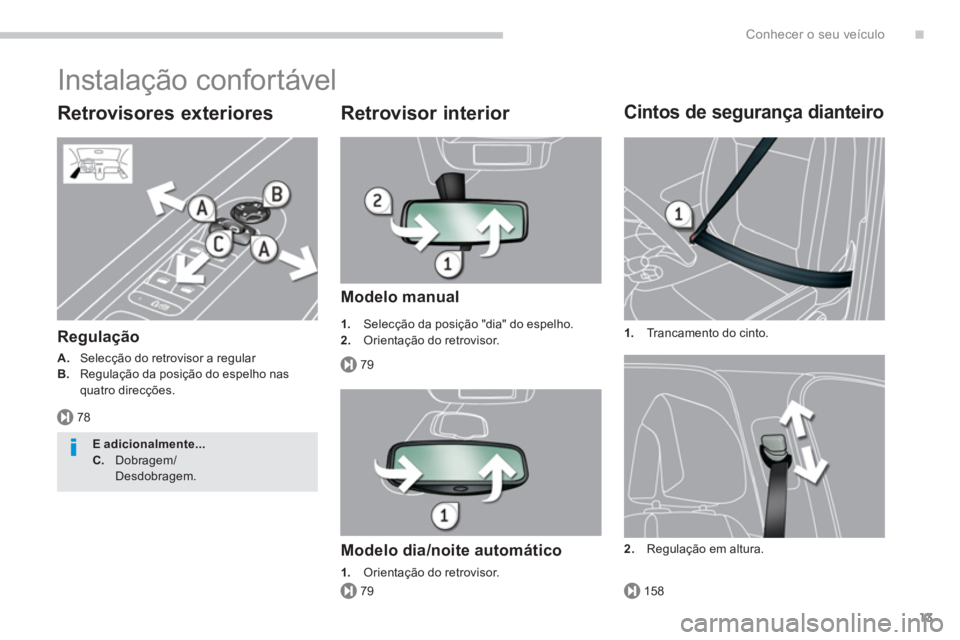 PEUGEOT 5008 2014  Manual de utilização (in Portuguese) .
78
79
79158
Conhecer o seu veículo
13
  Instalação confortável 
 
 
Retrovisores exteriores 
 
 
Regulação 
 
 
A. 
  Selecção do retrovisor a regular 
   
B. 
  Regulação da posição do 