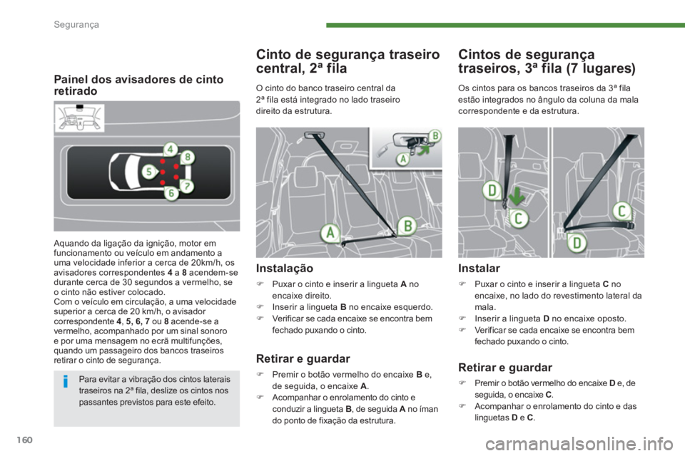 PEUGEOT 5008 2014  Manual de utilização (in Portuguese) Segurança
160
   
 
 
 
 
 
 
Painel dos avisadores de cinto 
retirado 
  Aquando da ligação da ignição, motor em 
funcionamento ou veículo em andamento a 
uma velocidade inferior a cerca de 20k